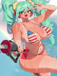 1girl american_flag american_flag_bikini american_flag_print aqua_eyes aqua_hair aqua_nails bikini breasts cleavage flag_print florida_bikini hand_up hatsune_miku headphones highres holding large_breasts long_hair meme_attire navel open_mouth phone print_bikini print_swimsuit ryusei_hashida shiny_skin smile solo swimsuit tan tanline twintails v v_over_head vocaloid wet worldwide_miku