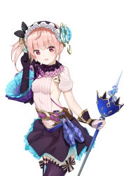 Rule 34 | 1girl, :d, absurdres, atelier (series), atelier lydie &amp; suelle, blush, breasts, hairband, head tilt, highres, holding, holding staff, juujuu, looking at viewer, lydie marlen, medium breasts, open mouth, pink eyes, pink hair, side ponytail, simple background, skirt, smile, solo, staff, thighhighs, white background