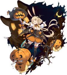 Rule 34 | 1girl, :d, animal ears, azur lane, benson (azur lane), benson (cutie pumpkin pie) (azur lane), black corset, black thighhighs, blonde hair, breasts, brown eyes, brown footwear, cleavage, closed eyes, corset, crescent moon, demon wings, detached sleeves, eagle union (emblem), fake animal ears, hair ribbon, halloween costume, hao (patinnko), hat, head wings, highres, holding, holding staff, jack-o&#039;-lantern, long hair, low twintails, medium breasts, moon, official alternate costume, official art, one eye closed, open mouth, orange ribbon, orange shorts, pointing, pointing at self, puffy short sleeves, puffy shorts, puffy sleeves, pumpkin, ribbon, short sleeves, shorts, sidelocks, silk, smile, solo, spider web, staff, thighhighs, torn clothes, tress ribbon, twintails, white sleeves, wings, witch hat, wrist cuffs