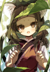 Rule 34 | 1girl, :o, animal ear fluff, animal ears, blush, brown eyes, brown hair, cat ears, chen, commentary, fangs, foul detective satori, long hair, looking at viewer, open mouth, piyokichi, revision, short sleeves, solo, touhou, upper body