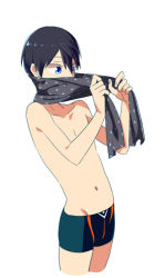 Rule 34 | 1boy, artist request, black jammers, black male swimwear, cowboy shot, high speed!, holding, holding towel, jammers, male focus, male swimwear, nanase haruka (free!), simple background, solo, swimsuit, tagme, towel, towel around neck, white background