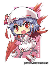 Rule 34 | 1girl, armored boots, bat wings, blush stickers, boots, cake, chibi, colonel aki, commentary request, cup, english text, food, fruit, gauntlets, hat, hat ribbon, holding, holding weapon, light purple hair, looking at viewer, mob cap, open mouth, puffy short sleeves, puffy sleeves, red eyes, remilia scarlet, ribbon, short hair, short sleeves, skirt, smile, solo, spear the gungnir, spilling, spoon, strawberry, strawberry shortcake, teacup, touhou, watermark, weapon, web address, wings