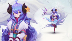 Rule 34 | 1girl, ahoge, alternate costume, animal ears, body fur, boots, bow, bow (weapon), braid, closed mouth, closed eyes, flower, fur (clothing), gloves, glowing, hair flower, hair ornament, highres, holding, holding weapon, horns, japanese clothes, kimono, kindred (league of legends), lamb (league of legends), league of legends, long hair, long sleeves, mask, official alternate costume, official art, purple hair, ribbon, sheep girl, short twintails, side braid, smile, spirit blossom kindred, standing, twin braids, twintails, weapon, white fur, wolf, wolf (league of legends)