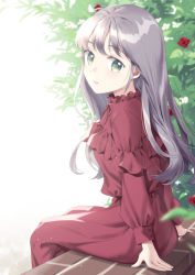 Rule 34 | 1girl, blurry, blurry background, blurry foreground, brick wall, day, dress, expressionless, feet out of frame, flower, from side, grey eyes, head tilt, layered dress, light purple hair, long dress, long hair, long sleeves, looking at viewer, looking back, original, outdoors, parted lips, red dress, red flower, red rose, rose, sitting, sitting on wall, solo, unya (unya-unya), very long hair