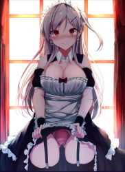 Rule 34 | 1girl, absurdres, apron, black dress, black thighhighs, clothes lift, cross, cross earrings, detached collar, dress, dress lift, earrings, frilled apron, frills, garter straps, grey hair, highres, hiragi ringo, indoors, jewelry, lifting own clothes, long hair, looking at viewer, maid, maid apron, maid headdress, one side up, orange eyes, original, panties, red panties, sleeveless, sleeveless dress, solo, strapless, strapless dress, thighhighs, underwear, white apron, window, wrist cuffs