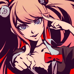 Rule 34 | &gt;:), 10s, 1girl, bear hair ornament, blue eyes, bow, bra, breasts, cleavage, danganronpa (series), danganronpa: trigger happy havoc, dutch angle, enoshima junko, hair ornament, ilya kuvshinov, long hair, looking at viewer, parted lips, pink hair, pointing, pointing at viewer, sleeves rolled up, smile, solo, spoilers, twintails, underwear, upper body, v-shaped eyebrows