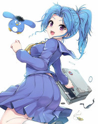 Rule 34 | 1girl, blouse, blue hair, blue shirt, blue skirt, blush, botan (yu yu hakusho), briefcase, commentary, dutch angle, from side, hair tie, highres, holding, holding briefcase, kasai shin, leg up, light blush, long sleeves, looking at viewer, medium hair, miniskirt, neckerchief, open mouth, pleated skirt, ponytail, purple eyes, puu (yu yu hakusho), shirt, shoes, simple background, skirt, smile, socks, solo, standing, watch, whistle, white background, white socks, wristwatch, yellow neckerchief, yuu yuu hakusho