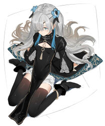 Rule 34 | 1girl, alternate costume, anklet, arm support, black dress, black pantyhose, black sleeves, blue eyes, blue flower, blue hair, boots, breasts, cleavage cutout, closed mouth, clothing cutout, dress, expressionless, eyepatch, flower, frilled sleeves, frills, from above, grey hair, hair flower, hair ornament, hair over one eye, hair spread out, high collar, high heel boots, high heels, highres, isekai joucho, isshiki (ffmania7), jewelry, juliet sleeves, kamitsubaki studio, long hair, long sleeves, looking at viewer, multicolored hair, o-ring, pantyhose, pelvic curtain, puffy sleeves, shrug (clothing), sidelocks, signature, sitting, small breasts, solo, streaked hair, very long hair, virtual youtuber, wariza, white background, wide sleeves