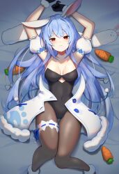 Rule 34 | 1girl, animal ear fluff, animal ears, ankle garter, ao ne, arms up, bare shoulders, bed sheet, black gloves, black leotard, blue hair, blush, brown pantyhose, carrot, closed mouth, coat, covered navel, detached sleeves, don-chan (usada pekora), feet out of frame, full body, fur-trimmed coat, fur-trimmed gloves, fur trim, gloves, hair spread out, highres, hololive, leotard, long hair, looking at viewer, lying, multicolored hair, on back, orange eyes, pantyhose, puffy detached sleeves, puffy sleeves, rabbit ears, short eyebrows, short sleeves, sidelocks, solo, strapless, strapless leotard, thick eyebrows, thigh gap, two-tone hair, usada pekora, usada pekora (1st costume), very long hair, virtual youtuber, white coat, white hair, white sleeves