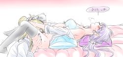 Rule 34 | 2girls, ayase eli, bed, blonde hair, blush, bra, breath, couple, cunnilingus, hair ornament, hand on another&#039;s head, highres, lensung g, love live!, love live! school idol project, lying, moaning, multiple girls, oral, pillow, purple hair, scrunchie, shaking, simple background, sketch, steam, sweat, tojo nozomi, trembling, underwear, wet, yuri