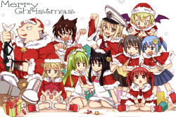 Rule 34 | 1boy, 6+girls, anger vein, animal ears, blue hair, brown hair, frown, gift, glasses, green hair, hat, heart, heart-shaped pupils, highres, long hair, looking at viewer, merry christmas, multiple girls, open mouth, original, paw pose, pointy ears, red hair, santa costume, short hair, sitting, skirt, smile, symbol-shaped pupils, tongue, tongue out, wings, yeyong