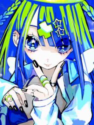 Rule 34 | 1girl, angel, angel wings, black nails, blue background, blue bra, blue eyes, blue hair, bra, braid, closed mouth, ear piercing, eyes visible through hair, green hair, hair ornament, halo, highres, jewelry, long bangs, long hair, long sleeves, looking at viewer, multicolored hair, multiple rings, nail polish, open clothes, open shirt, original, piercing, ring, shirt, sleeves past wrists, solo, star (symbol), star hair ornament, star in eye, swept bangs, symbol in eye, two-tone hair, two side up, underwear, upper body, urokogaran, white shirt, wings, x hair ornament