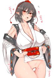 Rule 34 | 1girl, :o, ?, alternate costume, bare shoulders, black hair, blush, bottomless, breasts, cleavage, clothes lift, collarbone, commentary request, cowboy shot, eyelashes, fangs, groin, hair between eyes, hat, heart, highres, huge breasts, kourindou tengu costume, lifting own clothes, long sleeves, looking at viewer, maebari, navel, obi, open mouth, pelvic curtain, pelvic curtain lift, pointy ears, red eyes, red sash, ribbon-trimmed sleeves, ribbon trim, roki (hirokix), sash, shameimaru aya, short hair, simple background, solo, spoken heart, spoken question mark, standing, sweat, tassel, thighs, tokin hat, touhou, white background, wide sleeves