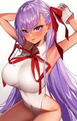 Rule 34 | 1girl, absurdres, armpits, arms behind head, arms up, baocaizi, bb (fate), bb (fate) (all), bb (swimsuit mooncancer) (fate), bb (swimsuit mooncancer) (third ascension) (fate), blush, breasts, covered navel, dark-skinned female, dark skin, fate/grand order, fate (series), gloves, hair ribbon, highleg, highleg leotard, highres, large breasts, leotard, long hair, looking at viewer, neck ribbon, parted lips, purple eyes, purple hair, red ribbon, ribbon, solo, tan, very long hair, white background, white gloves, white leotard
