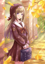 Rule 34 | 1girl, bad id, bad pixiv id, bag, beret, black shirt, black skirt, blue eyes, blurry, blurry background, blush, bokeh, briefcase, brown hair, buttons, commentary request, cowboy shot, day, depth of field, double-breasted, falling leaves, gate, ginkgo leaf, hat, hat ribbon, holding, holding bag, leaf, light particles, light rays, logo, long hair, long sleeves, looking at viewer, looking to the side, original, outdoors, parted lips, petals, plaid, pleated skirt, red ribbon, revision, ribbon, sailor collar, school bag, school briefcase, school uniform, serafuku, shirt, sidelocks, skirt, sleeves past wrists, solo, standing, sunbeam, sunlight, v arms, white sailor collar, yuuki (yukinko-02727)