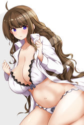 Rule 34 | 1girl, ahoge, arashiki mamizu, bow, bow bra, bow panties, bra, braid, breasts, brown hair, closed mouth, collared shirt, commentary request, curvy, frilled bra, frilled panties, frills, hands up, highres, lace, lace-trimmed bra, lace trim, large breasts, light rays, lingerie, looking at viewer, navel, open clothes, open shirt, original, panties, purple eyes, shirt, simple background, smile, solo, underwear, white background, white bra, white legwear, white shirt