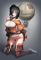 Rule 34 | 1girl, :o, aircraft, balloon, bare shoulders, belt, black hair, boots, breasts, brown footwear, brown thighhighs, covered erect nipples, curvy, highres, hot air balloon, kneeling, kunai, large breasts, long hair, looking at viewer, mouse (animal), naco (manacool), open mouth, original, panties, panty pull, ponytail, pouch, propeller, smile, solo, string panties, thigh boots, thighhighs, underwear, weapon, wide hips, yellow eyes