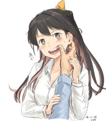 Rule 34 | 10s, 1girl, 2016, artist name, black hair, blush, collarbone, dated, dress shirt, finger in another&#039;s mouth, green eyes, hair ribbon, kantai collection, kawashina (momen silicon), long hair, long sleeves, looking at viewer, mouth pull, multicolored hair, naganami (kancolle), open mouth, pink hair, ribbon, shirt, simple background, solo focus, sweatdrop, teeth, upper body, white background, white shirt, wing collar, yellow ribbon
