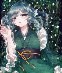 Rule 34 | 1girl, blue eyes, blue hair, bubble, commentary, drill hair, fingernails, fins, flower, frilled sleeves, frills, grass, green kimono, head fins, highres, japanese clothes, katai (nekoneko0720), kimono, long sleeves, looking at viewer, medium hair, obi, parted lips, sash, smile, solo, touhou, underwater, upper body, wakasagihime, white flower, wide sleeves