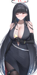 Rule 34 | 1girl, black dress, black hair, blue archive, blunt bangs, blush, breasts, cleavage, collarbone, dress, hair ornament, hairclip, halo, highres, jewelry, large breasts, long hair, necklace, pantyhose, red eyes, rio (blue archive), shougun (chuckni1), sleeveless, sleeveless dress, solo, very long hair