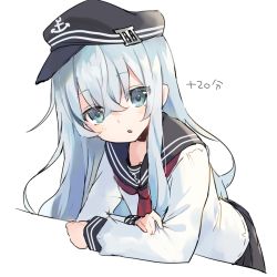 Rule 34 | 1girl, anchor symbol, black hat, black sailor collar, black skirt, blue eyes, blush, flat cap, hair between eyes, hat, hibiki (kancolle), kantai collection, long hair, long sleeves, looking at viewer, mitamgr, neckerchief, parted lips, pleated skirt, red neckerchief, sailor collar, school uniform, serafuku, silver hair, simple background, skirt, solo, white background