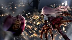 Rule 34 | 1girl, boots, city, falling, from above, from behind, gears, hat, highres, long hair, mecha musume, mechanical arms, mechanical hands, mechanical legs, motion blur, original, outdoors, pleated skirt, red skirt, ryosios, silver hair, skirt, solo, steampunk, steampunk girl (ryosios), top hat