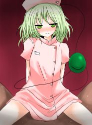 Rule 34 | 1girl, alternate costume, assertive female, breasts, clothed sex, cowgirl position, girl on top, green eyes, green hair, han (jackpot), hetero, highres, komeiji koishi, naughty face, nurse, petite, pov, sex, small breasts, solo focus, straddling, touhou