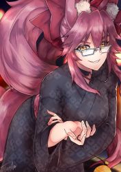 Rule 34 | 1girl, absurdres, animal ear fluff, animal ears, black kimono, breasts, choker, fate/grand order, fate (series), fox ears, fox girl, fox tail, glasses, grin, hair between eyes, highres, huge filesize, japanese clothes, kimono, koyanskaya (fate), large breasts, long hair, looking at viewer, money, pink hair, ponytail, smile, solo, tail, tamamo (fate), townoise, very long hair, yellow eyes