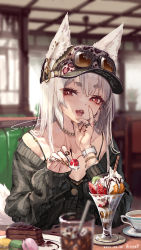 Rule 34 | animal ear fluff, animal ears, breasts, cake, cake slice, chain necklace, cherry, cleavage, cup, duplicate, eating, eyewear on head, food, fruit, hat, highres, ice cream, jewelry, necklace, open mouth, original, pixel-perfect duplicate, ring, spoon, sundae, suzuno (bookshelf), teacup, tongue, tongue out, watch