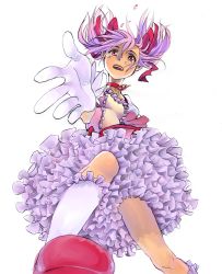 Rule 34 | 10s, 1girl, choker, frilled skirt, frills, gloves, highres, kaname madoka, magical girl, mahou shoujo madoka magica, mahou shoujo madoka magica (anime), nenechan203, outstretched hand, pink eyes, pink hair, short twintails, skirt, solo, tears, twintails, white gloves, white legwear