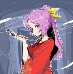 Rule 34 | 1girl, bow, commentary request, hair bow, holding, japanese clothes, kimono, kiseru, komakusa sannyo, kumamoto (bbtonhk2), long hair, long sleeves, looking at viewer, smoking pipe, ponytail, purple hair, red eyes, red kimono, slit pupils, solo, touhou, upper body, wide sleeves, yellow bow