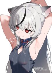 Rule 34 | 1girl, animal ear fluff, armpits, black dress, blue archive, china dress, chinese clothes, cleavage cutout, clothing cutout, commentary request, dress, gradient hair, grey hair, hair between eyes, halo, head tilt, highres, kokona (blue archive), long hair, looking afar, mokyutan, multicolored hair, orange eyes, parted lips, presenting armpit, sidelocks, simple background, sleeveless, sleeveless dress, solo, streaked hair, stretching, sweatdrop, two-tone hair, upper body, white background