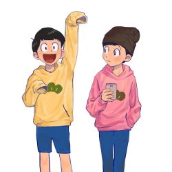 Rule 34 | 10s, 2boys, bad id, bad twitter id, beanie, black hair, brothers, cellphone, cowboy shot, hand in pocket, hat, hood, hoodie, male focus, matsuno jyushimatsu, matsuno todomatsu, multiple boys, open mouth, osomatsu-kun, osomatsu-san, osomatsu (series), phone, shorts, siblings, simple background, sleeves past wrists, smartphone, smile, white background