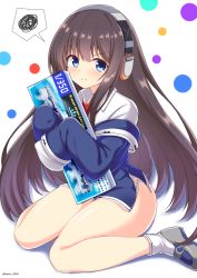 Rule 34 | 1girl, :t, azur lane, blue eyes, blue jacket, blush, brown hair, closed mouth, collared shirt, commentary request, grey footwear, headphones, highres, jacket, kamishiro (rsg10679), long hair, long island (azur lane), long sleeves, looking at viewer, hugging object, off shoulder, pout, red neckwear, shirt, shoes, sitting, sleeves past fingers, sleeves past wrists, socks, solo, spoken squiggle, squiggle, thighs, v-shaped eyebrows, very long hair, wariza, white background, white shirt, white socks