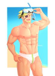 Rule 34 | 1boy, :d, abs, absurdres, alternate costume, alternate hairstyle, bara, beard, bulge, diving mask, diving mask on head, eyepatch, facial hair, feet out of frame, goggles, goggles on head, green hair, highres, large pectorals, leon (world flipper), ln 9 (8672058), looking at viewer, male focus, male swimwear, mature male, multicolored hair, muscular, muscular male, navel, nipples, open mouth, pectorals, short hair, smile, solo, stomach, swept bangs, swim briefs, thick thighs, thighs, topless male, two-tone hair, wet, white male swimwear, world flipper
