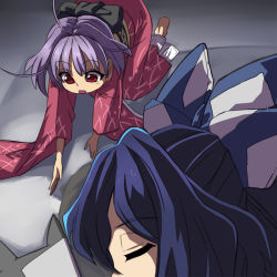 Rule 34 | 2girls, ahoge, all fours, barefoot, blue bow, blue hair, bow, closed eyes, commentary request, debt, from side, full body, hair bow, indoors, japanese clothes, kimono, long sleeves, multiple girls, obi, open mouth, petticoat, profile, purple hair, red eyes, red kimono, sash, shadow, short hair, sleeping, stuffed animal, stuffed cat, stuffed toy, sukuna shinmyoumaru, syope, touhou, wide sleeves, yorigami shion