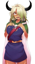 Rule 34 | 1girl, absurdres, annoyed, belt, blush, breasts, breath, cape, cowboy shot, dark-skinned female, dark skin, demon king tasogare, embarrassed, eyebrows, female focus, genderswap, genderswap (mtf), green cape, green hair, hair over one eye, hands on own chest, highres, horns, large breasts, long hair, maou-jou de oyasumi, open mouth, purple tunic, simple background, solo, standing, sweat, tongue, tsukumo (pixiv44536358), tsundere, tunic, two-tone background, wavy mouth, white background, yellow eyes