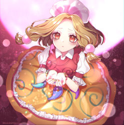 Rule 34 | 1girl, belt, black background, black belt, blonde hair, blush, bracelet, breasts, brown hair, collar, collared shirt, earrings, frills, furrowed brow, gradient background, hand up, hat, highres, jewelry, kyouda suzuka, light, light particles, looking at viewer, magatama, magatama necklace, medium breasts, multicolored hair, multicolored nails, nail polish, necklace, orange eyes, puffy short sleeves, puffy sleeves, purple hat, rainbow, red ribbon, red vest, ribbon, sandals, shadow, shirt, short hair, short sleeves, skirt, solo, tamatsukuri misumaru, tiara, touhou, twitter username, two-tone hair, vest, white hat, white shirt, white sleeves, yellow skirt