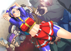 Rule 34 | 1girl, arms behind head, asamiya athena, bike shorts, bow, breasts, camera, covered erect nipples, hair bow, large breasts, long hair, midriff, modeling, multiple boys, navel, paparazzi, psycho soldier, purple eyes, purple hair, qkat (arikawa-dou), skirt, smile, snk, solo, the king of fighters, the king of fighters 2002