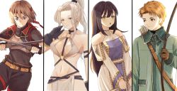 Rule 34 | 2boys, 2girls, belt, black hair, blue eyes, breasts, brown hair, closed mouth, detached sleeves, dress, earrings, gensou suikoden, gensou suikoden iv, gloves, green eyes, headband, high ponytail, highres, jeane (suikoden), jewelry, korunosabu, lazlo (gensou suikoden), long hair, long sleeves, looking at viewer, medium breasts, multiple boys, multiple girls, open mouth, ponytail, revealing clothes, simple background, small breasts, smile, ted (suikoden), viki (suikoden), white background