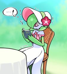 Rule 34 | !, 1girl, blurry, blurry background, bonnet, book, capelet, clothed pokemon, colored skin, creatures (company), day, female focus, flat chest, flower, game freak, gardevoir, gardevoir (fashionable), gen 3 pokemon, green hair, green skin, hair over one eye, hands up, hat, hat flower, highres, holding, holding book, looking down, multicolored skin, nintendo, on chair, open book, outdoors, pink trim, pokemon, pokemon (creature), pokemon unite, reading, red eyes, red flower, shiriudo, short hair, sitting, solo, table, thought bubble, trembling, two-tone skin, unownglyphics, white capelet, white hat, white skin