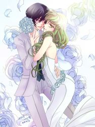 Rule 34 | 1boy, 1girl, 2017, backless dress, backless outfit, black hair, black shirt, bouquet, c.c., code geass, dress, flower, formal, green hair, grey jacket, grey pants, hair between eyes, hand on another&#039;s hip, highres, holding, holding bouquet, jacket, lelouch vi britannia, long dress, long hair, looking at viewer, pants, parted lips, petals, purple eyes, roman buriki, shirt, sleeveless, sleeveless dress, smile, white background, white dress, white flower, yellow eyes