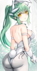 Rule 34 | 1girl, alternate costume, animal ears, arm strap, ass, backless leotard, bare shoulders, blush, dragon girl, dragon horns, elbow gloves, fake animal ears, fake tail, fate/grand order, fate (series), from behind, gloves, green hair, hairband, highres, horns, kiyohime (fate), leotard, long hair, looking at viewer, looking back, morizono shiki, pantyhose, playboy bunny, ponytail, rabbit ears, rabbit tail, smile, solo, tail, white gloves, white hairband, white leotard, white pantyhose, yellow eyes