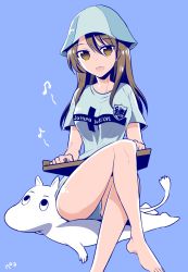 Rule 34 | 10s, 1girl, aburahana, blue hat, breasts, brown eyes, brown hair, emblem, girls und panzer, hat, instrument, kantele, long hair, looking at viewer, medium breasts, mika (girls und panzer), moomin, moomintroll, open mouth, smile, solo