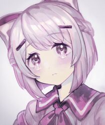 Rule 34 | 1girl, blunt ends, blush, bob cut, bow, closed mouth, commentary request, frown, hair bow, hair ornament, hairclip, half up braid, highres, indie virtual youtuber, looking at viewer, monochrome, neck ribbon, portrait, purple theme, ribbon, sailor collar, sasasasa, school uniform, serafuku, shirt, short hair, simple background, solo, tearing up, tears, uyuyu-chang, virtual youtuber
