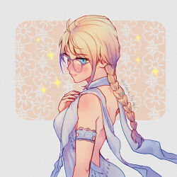 Rule 34 | 1girl, backless dress, backless outfit, bare shoulders, blonde hair, blue eyes, blush, braid, braided ponytail, closed mouth, commentary, dress, elden ring, elden things, english commentary, fia the deathbed companion, glasses, highres, lips, long hair, looking at viewer, pink lips, purple-framed eyewear, sleeveless, sleeveless dress, smile, solo, twitter username, white dress