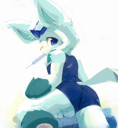 Rule 34 | alternate color, androgynous, animal ears, animal hands, ass, barefoot, blue eyes, blush, claws, creatures (company), crossdressing, feet, food, foreskin, furry, furry male, game freak, gen 4 pokemon, gender request, glaceon, male focus, nintendo, outdoors, pawpads, penis, pokemon, pokemon (creature), popsicle, simple background, soles, solo, swimsuit, tail, testicles, water