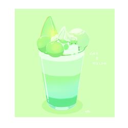 Rule 34 | artist name, cat, chai (drawingchisanne), drink, food, food-themed creature, food focus, fruit, green background, melon, no humans, on food, original, simple background, sitting on food, undersized animal, whipped cream