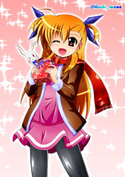 Rule 34 | 1girl, ;d, absurdres, asymmetrical bangs, black jacket, black pantyhose, blonde hair, blue ribbon, box, commentary request, dress, fringe trim, gift, gift box, hair ribbon, highres, holding, holding gift, jacket, long hair, looking at viewer, lyrical nanoha, mahou shoujo lyrical nanoha vivid, one eye closed, open clothes, open jacket, open mouth, pantyhose, pink background, pink dress, rappasan05, red eyes, red scarf, ribbon, sacred heart, scarf, short dress, smile, solo, sparkle, standing, twitter username, two side up, valentine, vivio
