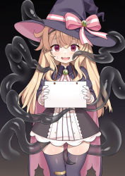 Rule 34 | 1girl, absurdres, bandaid, bandaid on knee, bandaid on leg, black background, black thighhighs, blonde hair, bow, brooch, cape, collared cape, commentary request, empty eyes, frilled hairband, frills, gloves, grey background, hairband, hands up, hat, hat bow, hat ribbon, highres, holding, holding sign, jewelry, little witch nobeta, long hair, looking at viewer, nobeta, official art, open mouth, pink bow, pink hair, pink ribbon, red eyes, ribbon, sign, sign around neck, simple background, solo, straight-on, sweat, tearing up, template, tentacles, tentacles under clothes, thighhighs, wavy mouth, white gloves, witch hat